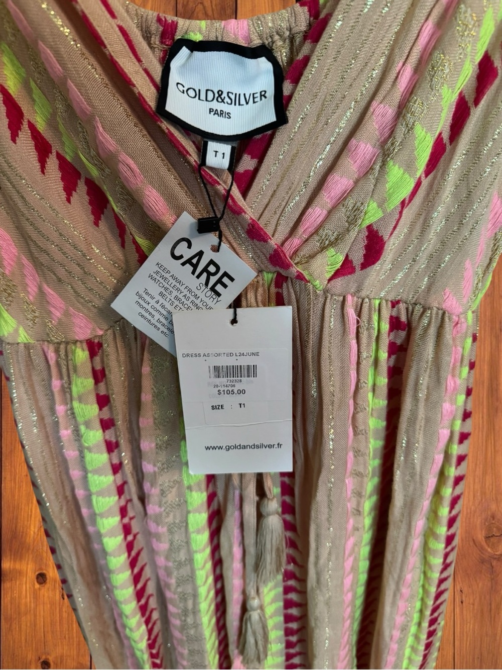 Gold & Silver Boho Chevron Maxi Dress - Metallic Striped Tassel Sundress Small - Picture 2 of 14